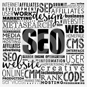 SEO Search Engine Optimization word cloud collage, technology concept background