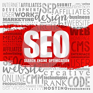 SEO Search Engine Optimization word cloud collage, technology concept background