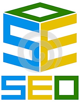 SEO, search enginge optimization cube icon / symbol with word SEO included