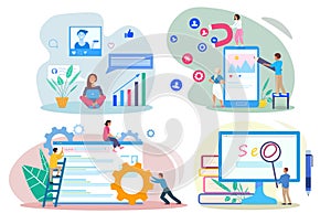 SEO SEM SMM SMO concepts. People using devices for advertising and optimizing websites and social network profiles photo