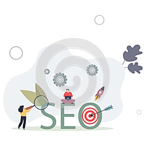 SEO service.Cartoon tiny people search marketing information, analyze algorithms and statistic data with magnifying glass .flat