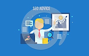 Seo service, consultancy, expert sharing seo advice, search engine optimization, blogging, concept. Flat design vector banner.