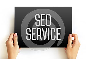 SEO Service - digital marketing service that improve rankings in search results for keywords, text concept on card