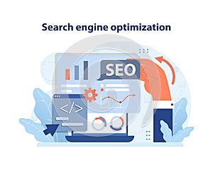SEO Strategy Visualization. A hand fine-tunes SEO elements on a screen.