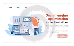 SEO Strategy Visualization. A hand fine-tunes SEO elements on a screen.