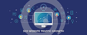 Seo strategy for website traffic growth, increase website visibility on search engine. Flat design vector banner.