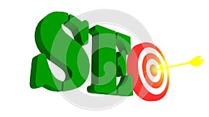 SEO with target and arrow in the bulleye, 3D illustration
