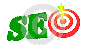 SEO with target and arrow in the bulleye, 3D illustration