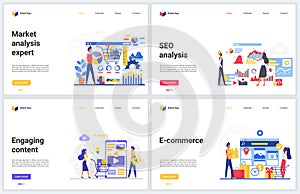 Seo technology, market expert analysis vector illustrations, modern concept web page banner set with digital social