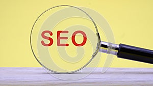 SEO text. Search engine optimization, the concept of promoting traffic ranking on a website