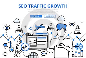 SEO traffic growth concept flat line art vector icons banner