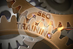 SEO Training on the Golden Cogwheels. 3D Illustration.