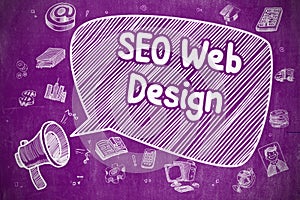 SEO Web Design - Doodle Illustration on Purple Chalkboard.