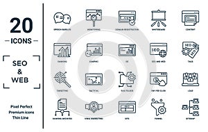 seo.&.web linear icon set. includes thin line speech bubbles, ranking, targeting, sharing archives, sitemap, de, lead icons for