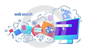 Seo web search engine searching online browsing concept horizontal banner sketch doodle