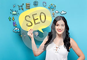 SEO with woman holding a speech bubble