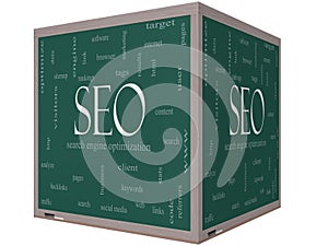 SEO Word Cloud Concept on a 3D cube Blackboard