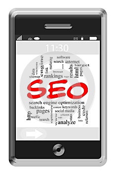 SEO Word Cloud Concept on Touchscreen Phone