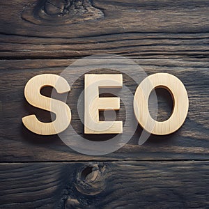 SEO word on wooden floor, search engine optimization concept
