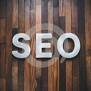 SEO word on wooden floor, search engine optimization concept