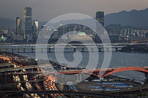 Seongsan bridge and Yeouido at sunset