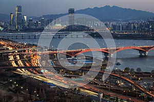 Seongsan bridge and Yeouido at sunset