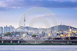 Seoul city and Han River in the evening and n seoul tower behind, seoul, south korea