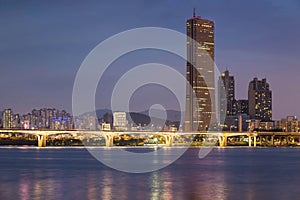 Seoul City at Night and Han River, South Korea.