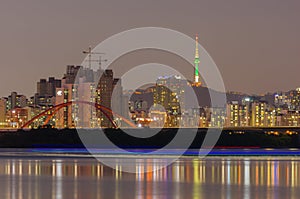 Seoul City at Night and Han River , South Korea.