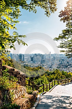 Seoul city panoramic view from Namsan Park walk way in Seoul, Korea