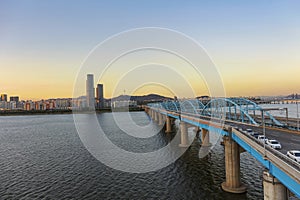 Seoul City Skyline and Han river with seoul tower at Dongjak bridge in Seoul South Korea