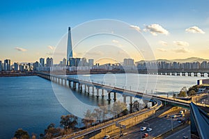 Seoul city skyline with view of Han River in Seoul, South Korea