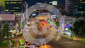 Seoul city south korea. traffic with light trails. of car at night in the financial district