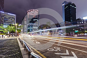 Seoul City Traffic at night with Jongno tower