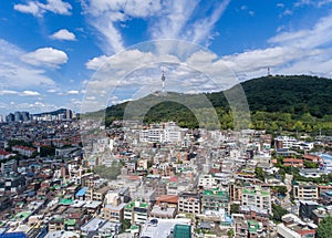 Seoul Cityscape and Namsan Mountain Park in Background. South Korea. Aerial, Skyline of City