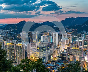 Seoul cityscape panoramic sunset view in South Korea