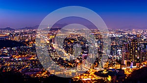 Seoul cityscape and Seoul tower at night. Traffic in Seoul, South Korea