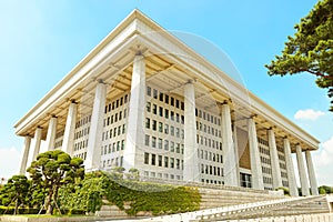 SEOUL, KOREA - AUGUST 14, 2015: Main entrance of National Assembly Proceeding Hall - South Korean capitol - located on Yeouido isl