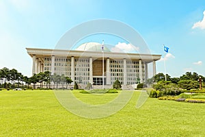 SEOUL, KOREA - AUGUST 14, 2015: South Korean capitol - National Assembly Proceeding Hall - located on Yeouido island - Seoul, Sout
