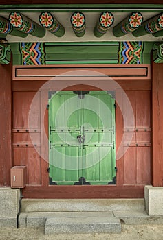 Seoul, Korea - Gyeongbokgung Palace building door in detail