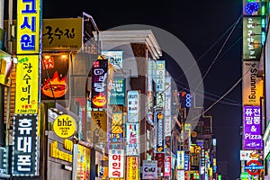 SEOUL, KOREA, OCTOBER 24, 2019: Colorful signs at Itaewon district of Seoul, Republic of Korea