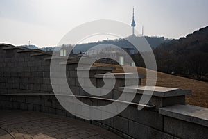 Seoul millennium time capsule near Namsangol Hanok Village and Namsan tower during winter morning at Jung-gu , Seoul South Korea