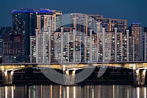 Seoul night cityscape view and the Han river, South Korea travel