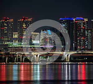 Seoul night cityscape view and the Han river, South Korea travel