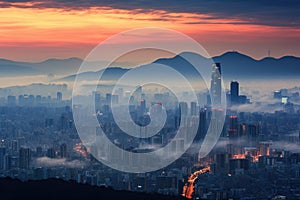 Seoul South Korea city skyline at sunrise with foggy and misty, Seoul Skyline, AI Generated