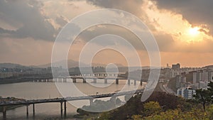 Seoul South Korea city skyline sunset time lapse at Han River in autumn