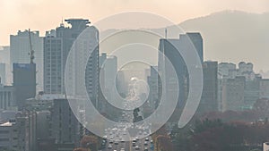 Seoul South Korea city skyline time lapse with heavy ultrafine dust (PM 2.5)