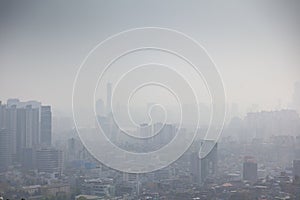 Seoul, South Korea, city view from above, cityscape, smog and problems with clean air and ecology