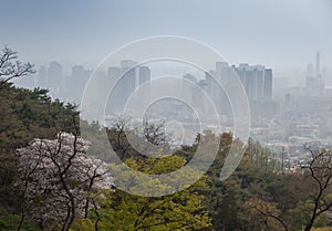 Seoul, South Korea, city view from above, cityscape, smog and problems with clean air and ecology