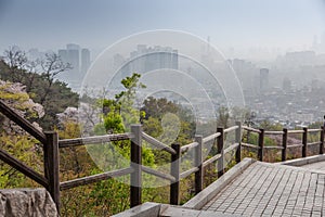 Seoul, South Korea city view from above, cityscape, smog and problems with clean air and ecology